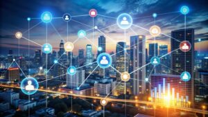Networked Cityscape with Connected Icons.